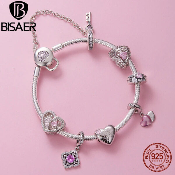 BISAER 925 Sterling Silver Pink Series Charm Heart Safety Chain Bead Pendant Fit Bracelets Mother's Day Lovers Fine Jewe