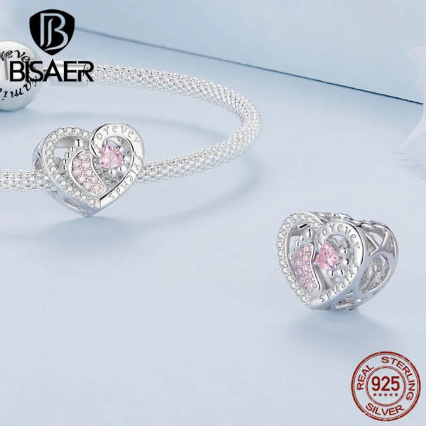 BISAER 925 Sterling Silver Pink Series Charm Heart Safety Chain Bead Pendant Fit Bracelets Mother's Day Lovers Fine Jewe