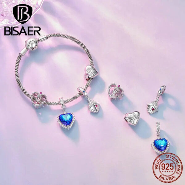 BISAER 925 Sterling Silver Pink Series Charm Heart Safety Chain Bead Pendant Fit Bracelets Mother's Day Lovers Fine Jewe