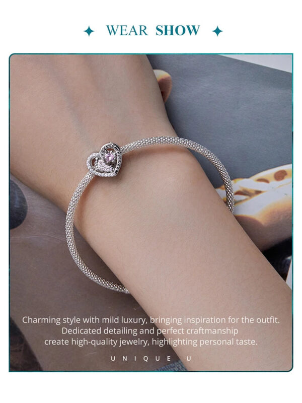 BISAER 925 Sterling Silver Pink Series Charm Heart Safety Chain Bead Pendant Fit Bracelets Mother's Day Lovers Fine Jewe