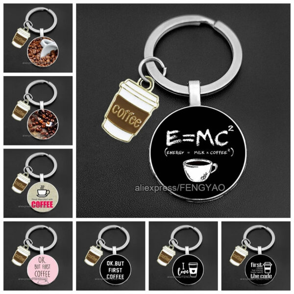 First Coffee Keychain Glass Gift for Coffee Lovers Cute Key Holder for Keys Original I Love Coffee Keychains